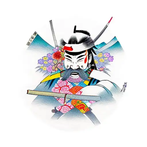Samurai Working In A Flower Garden Colorful