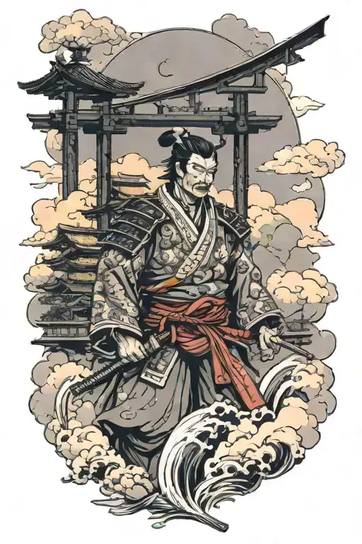 Samurai And Bridge Towards The Clouds