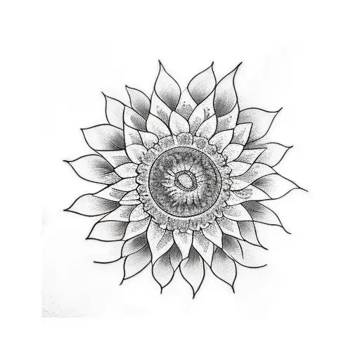 A Minimalist Tattoo Design Of A Sunflower With Stars In The Background