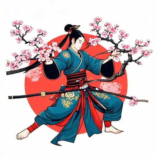 Japanese Warrior Strike Pose With Cherry Blossom Tree Growing