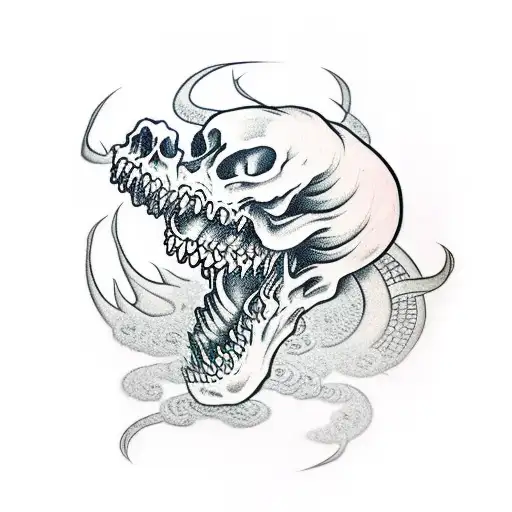 Arm Skull With A Japanese Dragon Coming Out Of The Mouth With A Suminagashi Background
