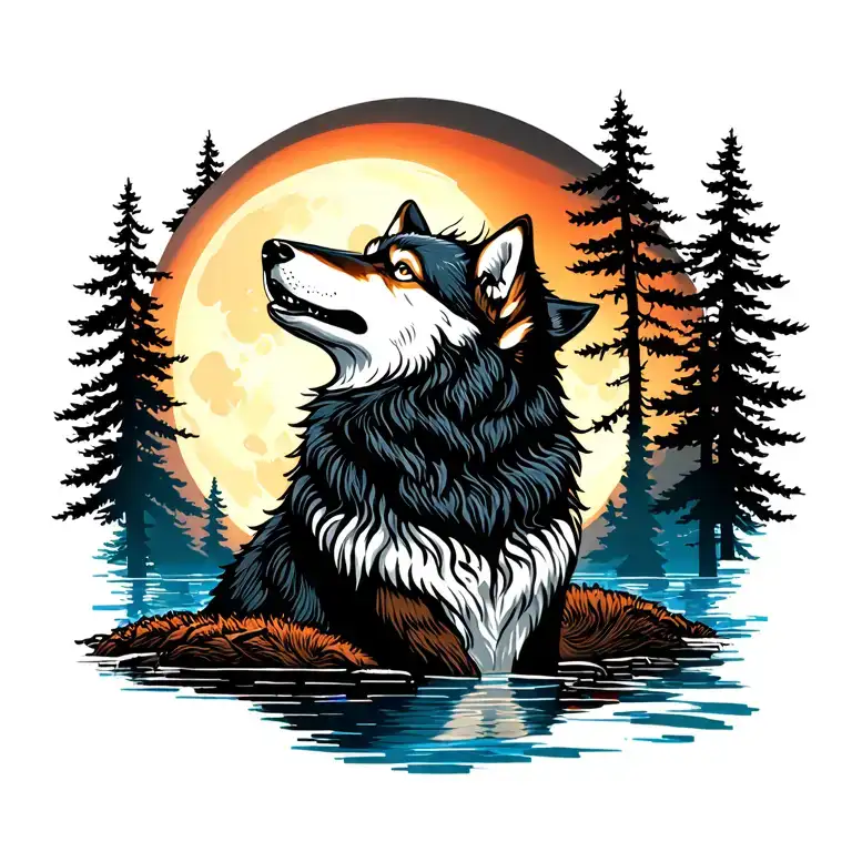 Adult Wolf Howling At The Moon In The Distance With Forest Lake Behind