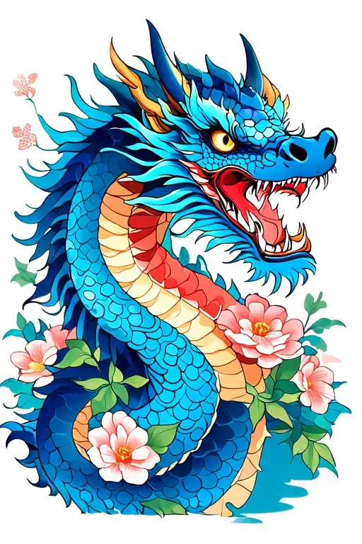 Blue Dragon With Flowers