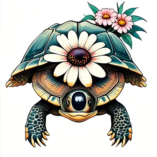 Turtle With Compus And Black Eye Susan Flowers Growing