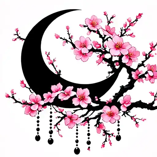 Black Moon With Bead Drops And Pink Cherry Blossoms
