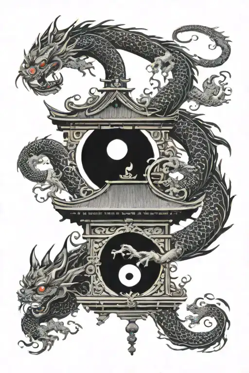 Japanese Temple With Demons And Dragons Forming An Yin-yang Symbol