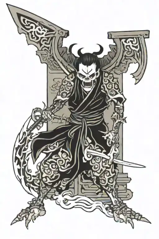 Horror Demon With A Scythe In Front Of A Temple Gate