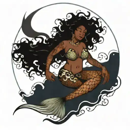 African American Mermaid In Ocean Under Moon In With Celestial Sky