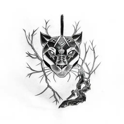 Full Body Black Panther Laying On A Tree Branch