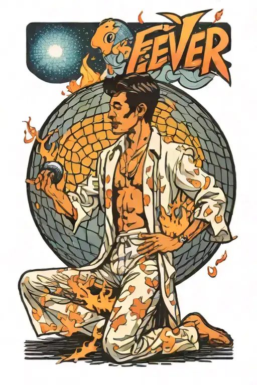 A Man In A Hospital Gown Does The Saturday Night Fever Pose Beneath A Disco Ball That Is On Fire