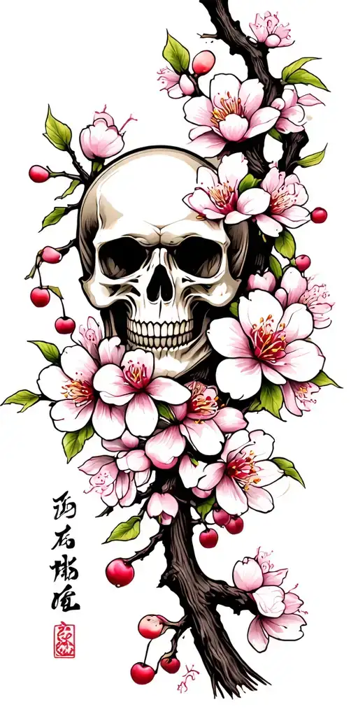 Cherry Blossom Branch With Samurai Skull