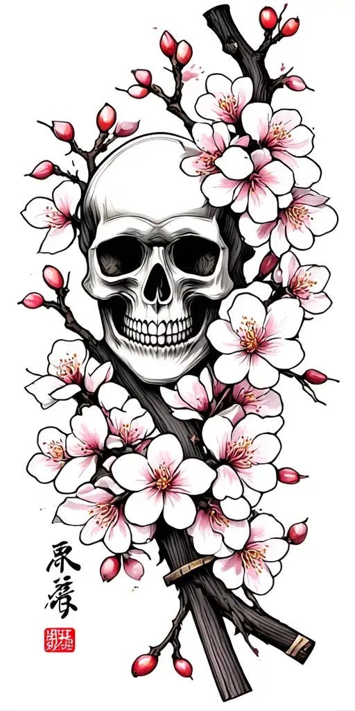 Cherry Blossom Branch With Samurai Skull