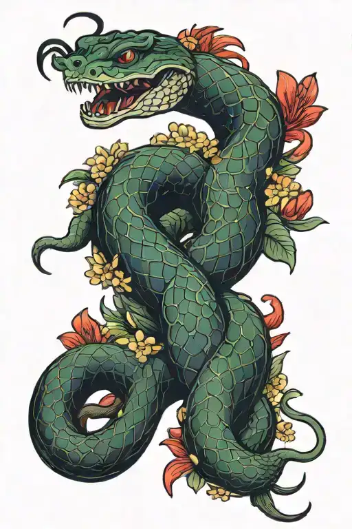 Snake And Centipede Crawling Around A Lycoris Radiata Flower Tattoo