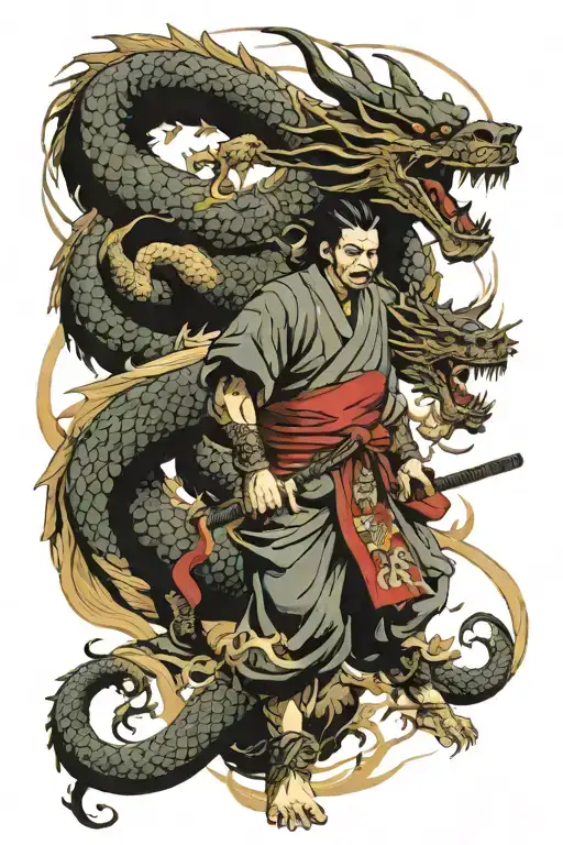 Samurai And Dragon Surrounded