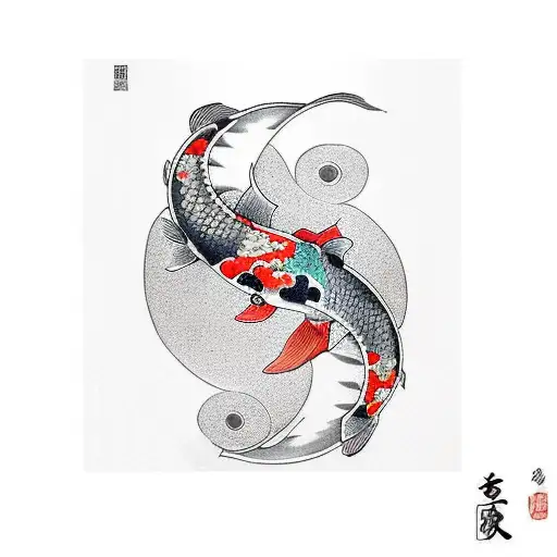 Line Spine Tattoo With Yin And Yang Long Tail Koi With Cherry Blossom Only Colour In Blossom
