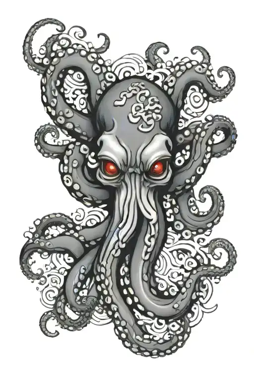 Scary Octopus Tattoo Design With Japanese Theme For Full Colored Lower Arm And Background