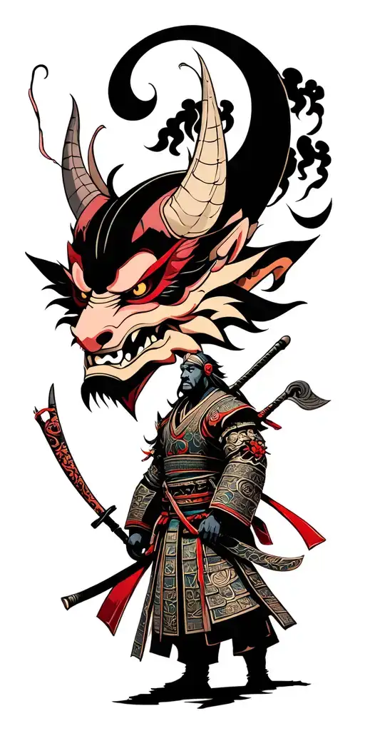 Japanese Style Oni Demon Mask And Samurai Warrior Surrounded