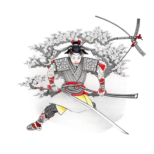 Ronin Samurai Holding A Sword With Cherry Blossoms Flying