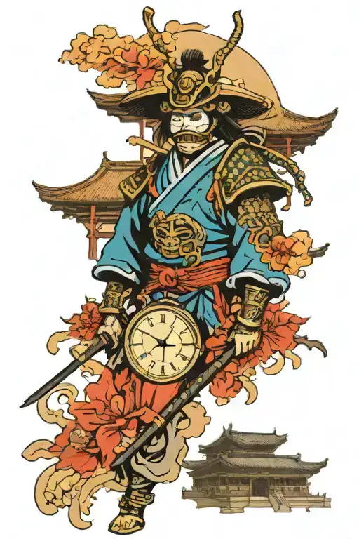 Samurai In A Hanya Mask Against The Background Of Architecture With A Clock
