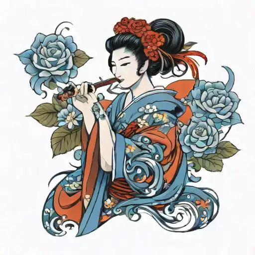 Geisha With A Rose With Thorns Embraced By Blue Flame Curled