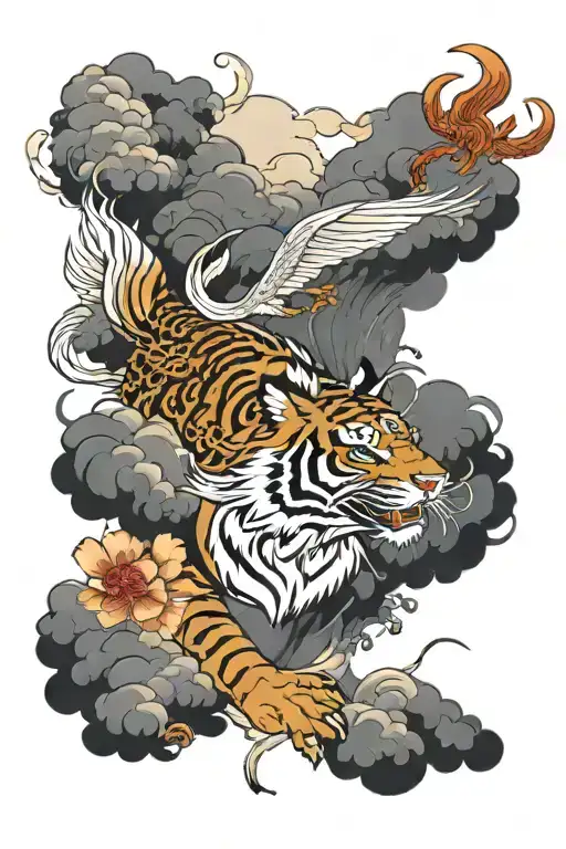 Tiger And White Crane With Dragon Flying Above