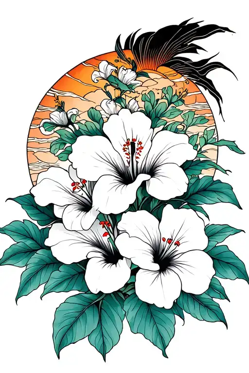 Japanese Style Hip Tattoo With Lily Or Hibiscus Flowers And The Sun