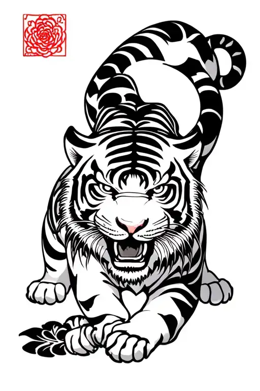 Tiger Crawling Traditional Style Tattoo Black And White