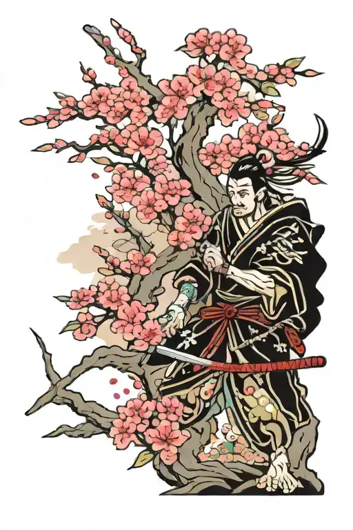 Traditional Japanese Sakura Tree & Samurai Warrior