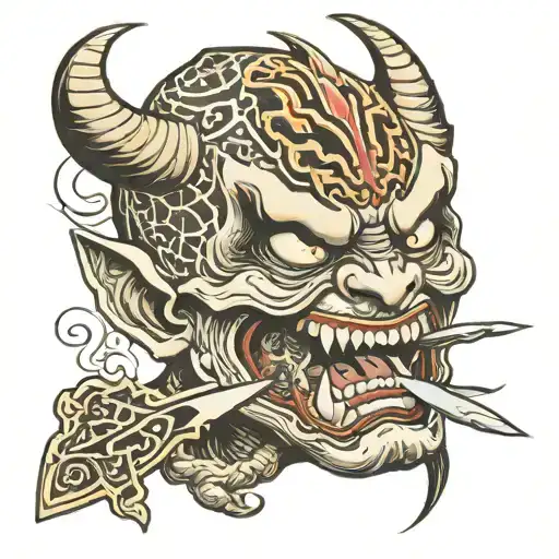 Head Evil Demon With A Knife In His Teeth Tattoo