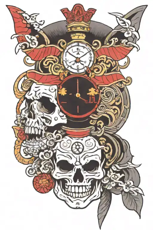 Samurai Head With Skull And Clock Nearby