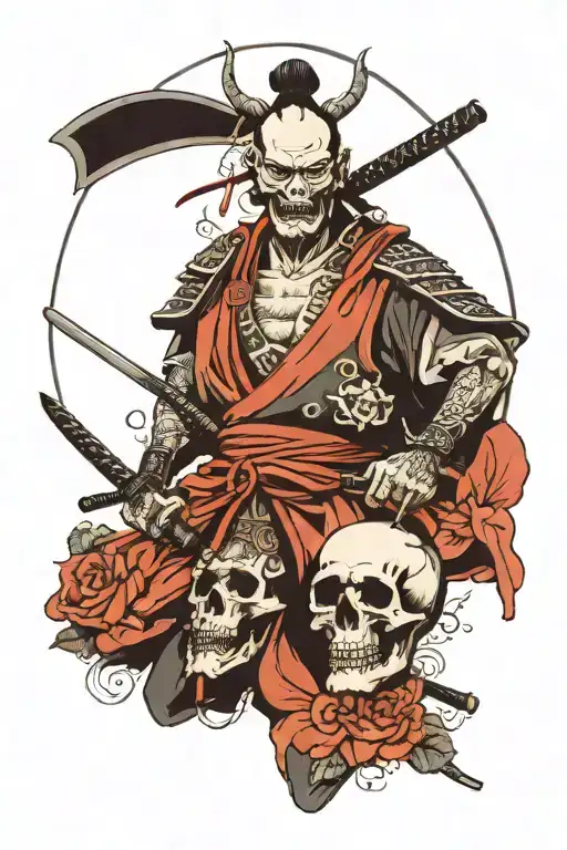 Samurai With A Skull Instead Of A Head And A Clock Next To It