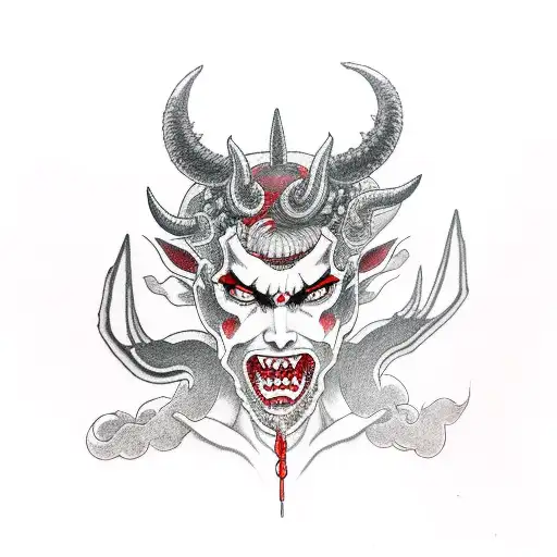 Demon Girl Side Profile Face Turned Horns Black White And Red No Background