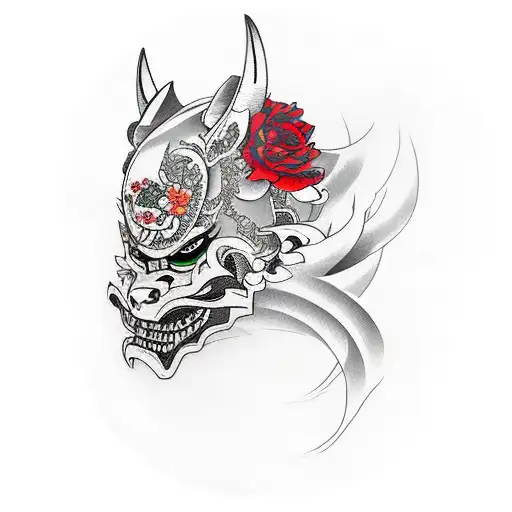 Hannya Mask Con Katana Y Flores