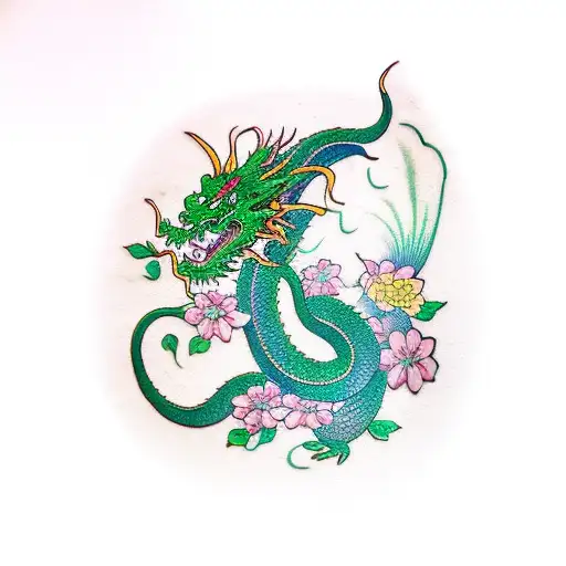 Green Dragon With Flowers