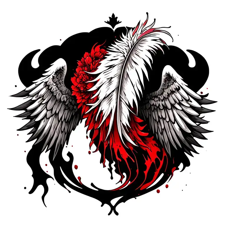 Wings Back Tattoo With Majestic Feather And Bloody Bones