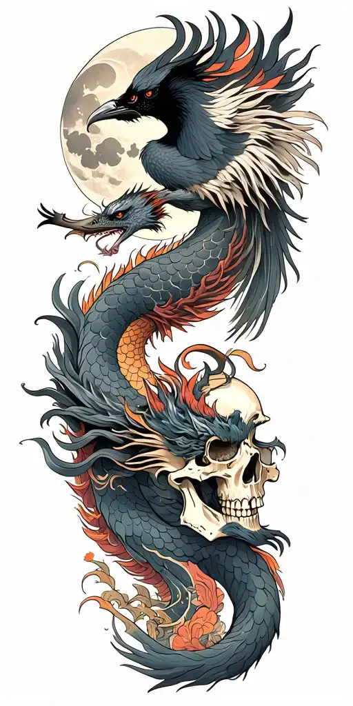 Chinese Dragon And Phoenix And Skull And Moon And Raven Tattoo