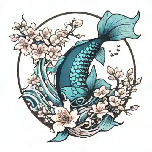 Pisces Moon With Coi Fish And Cherry Blossoms Falling Tattoo
