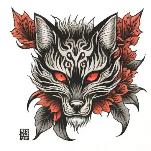 Kitsune Mask With Red Spider Lily Flowers