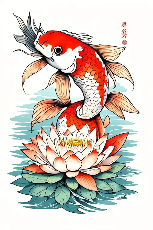 Koi Carp With Lotus Flower