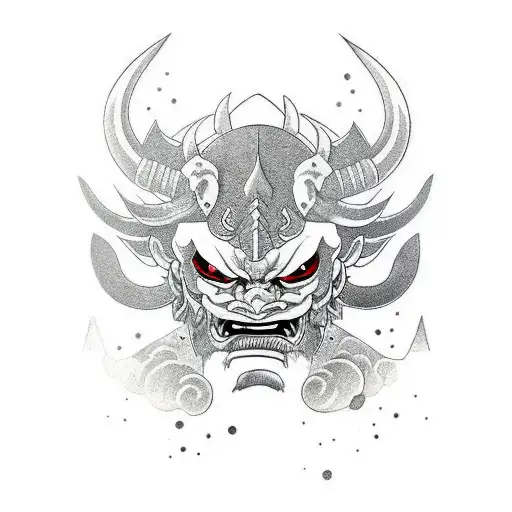 Oni Mask Split In Half Minimalist Design With Sword