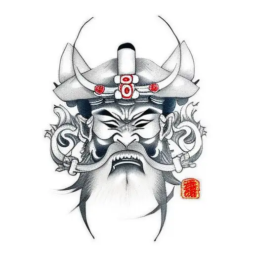 Japanese Samurai Tanto Blade Tattoo With Oni Face Reflecting On Blade