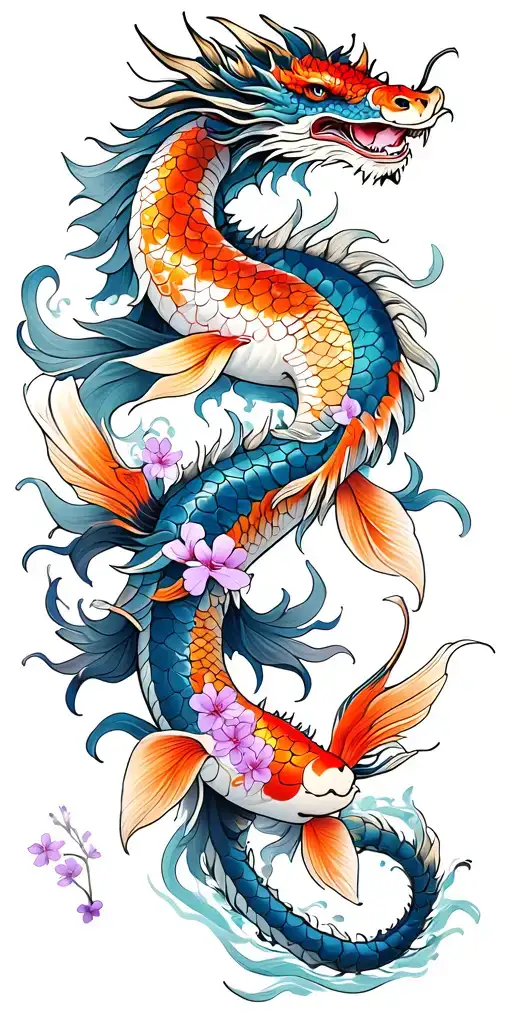 Dragon With 3 Koi's And Purple Cherry Blossoms