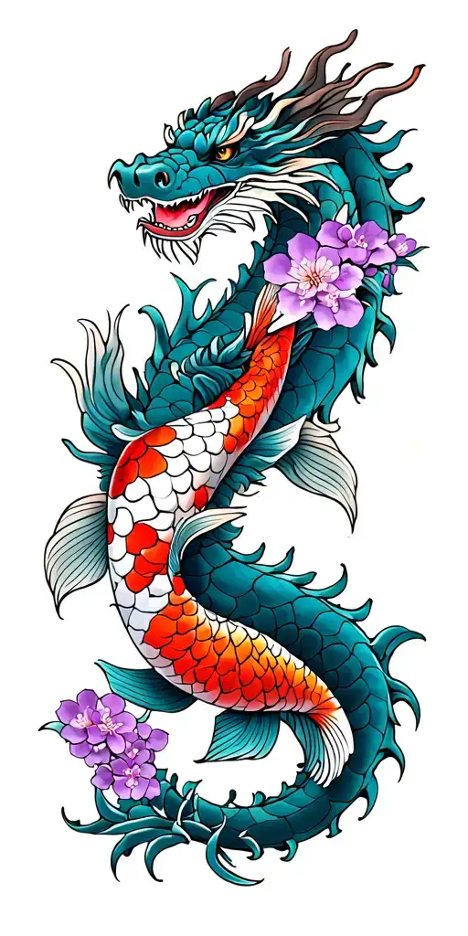 Dragon With 3 Koi's And Purple Cherry Blossoms