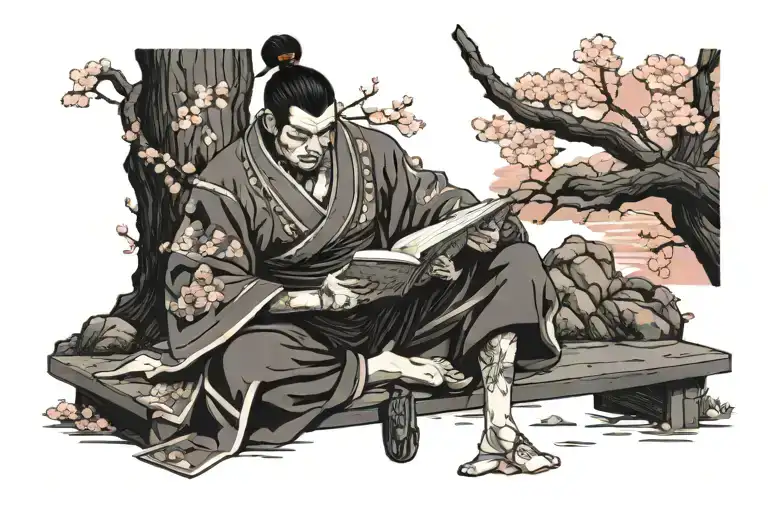 A Japanese Samurai Warrior Reading A Book Under A Cherry Blossom Tree