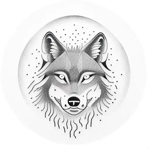 Silhouette Of The Forest In Black And A Smaller Wolf In The Front As White Gray