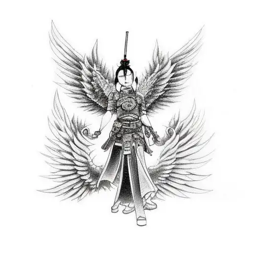 Fully Armoured Samurie With Burning Fallen Angel Wings Knealing In A Battlefeild