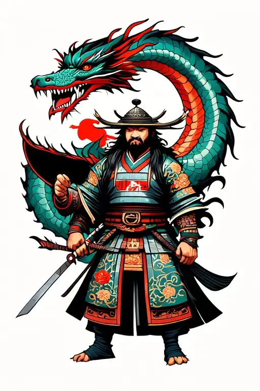 Samurai Warrior With Japanese Temple And A Dragon