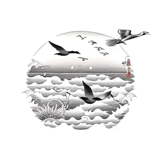 A Peaceful Beach Landscape At Sunset With Sea Birds Flying Overhead