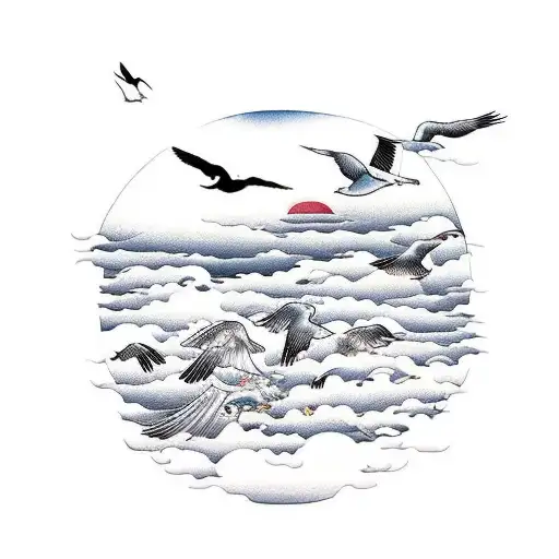 A Peaceful Landscape At Sunset With Clouds And Sea Birds Flying Overhead