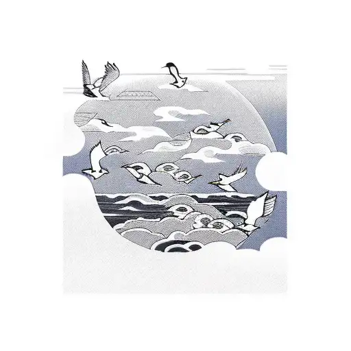 A Peaceful Landscape At Sunset With Clouds And Sea Birds Flying Overhead